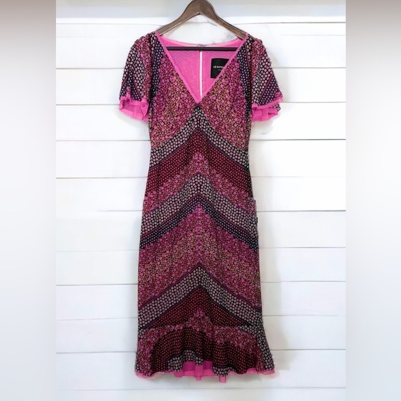 Le Superbe Floral Chiffon Raw Hem Pink Overlay Midi Dress Flutter Sleeve 4 - Picture 1 of 11